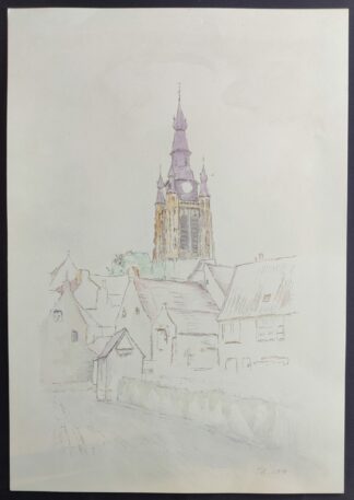 aquarel dorpsgezicht schets met kerk en huizen